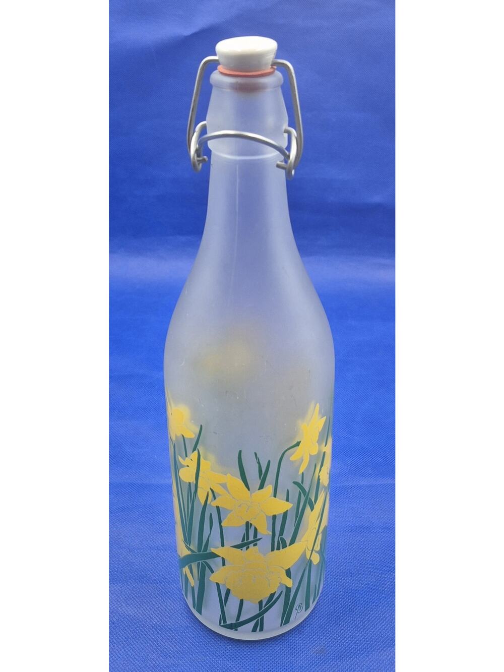 Vintage Cerve Italy Frosted Bottle Painted Daffodils Swing-top Lid 12.5" Tall